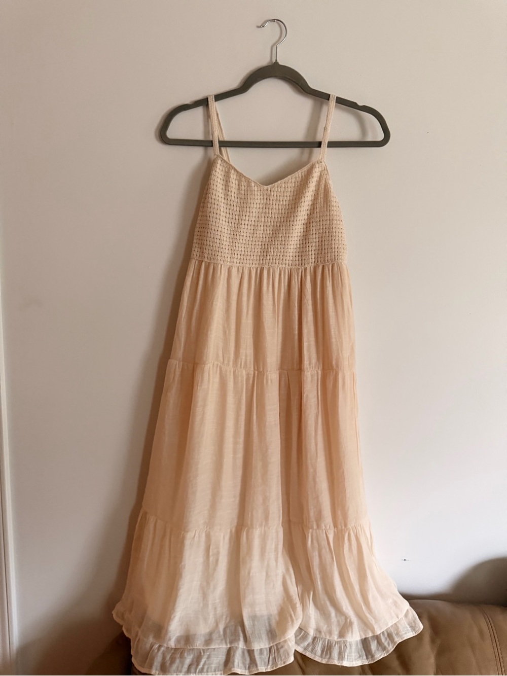 Cream Tiered Maxi Dress with Smocked Bodice and Spaghetti Straps